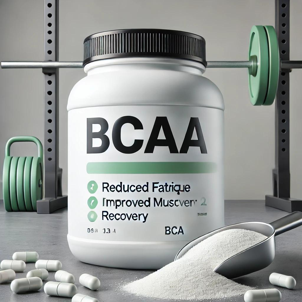 Suplemento de BCAA para recuperação muscular e redução da fadiga.