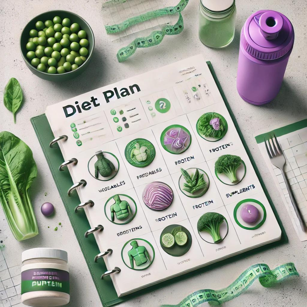 Plano de dieta personalizada com foco em vegetais, proteínas e suplementos para uma alimentação equilibrada.