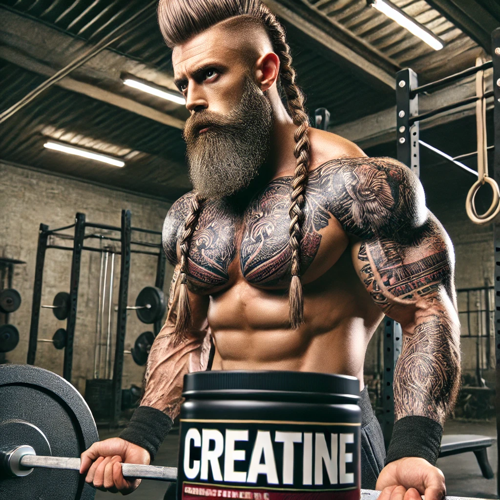 Homem musculoso com estilo Viking em uma academia, com tatuagens detalhadas e levantando pesos, ao lado de um pote de creatina