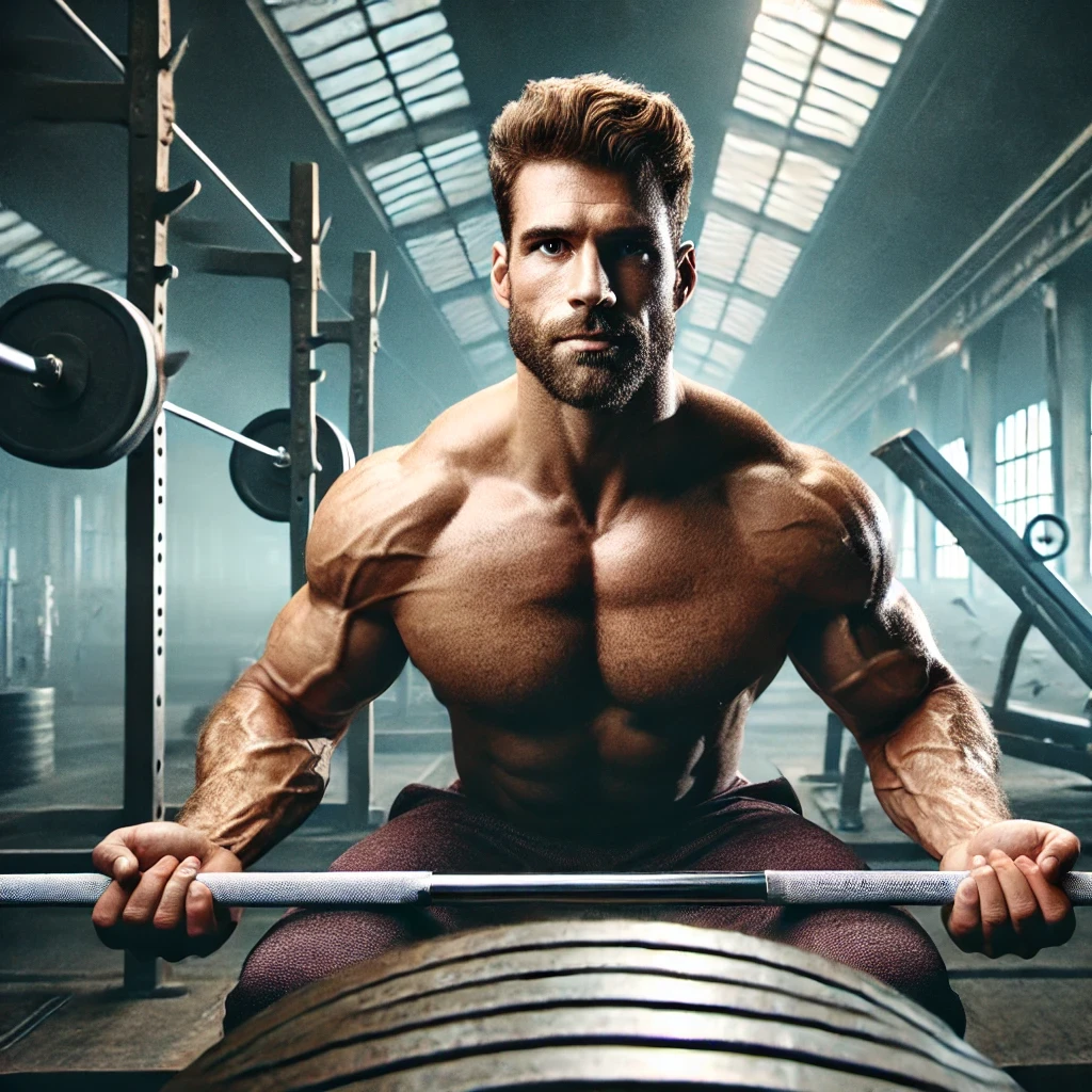 Homem musculoso em uma academia, com expressão intensa e segurando pesos, destacando força e desempenho físico.