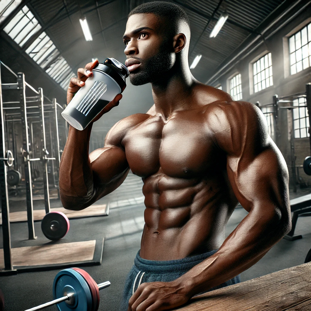 Homem afro musculoso tomando creatina com um shaker em uma academia, com expressão focada e ambiente de treino intenso.