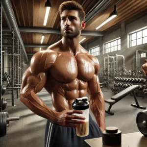 Homem malhando em academia, segurando uma garrafa de shake, simbolizando os benefícios da creatina para aumentar a força muscular e o desempenho em treinos intensos.