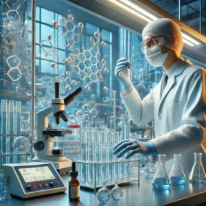 Cientista realizando a síntese de creatina em um laboratório, utilizando equipamentos avançados.