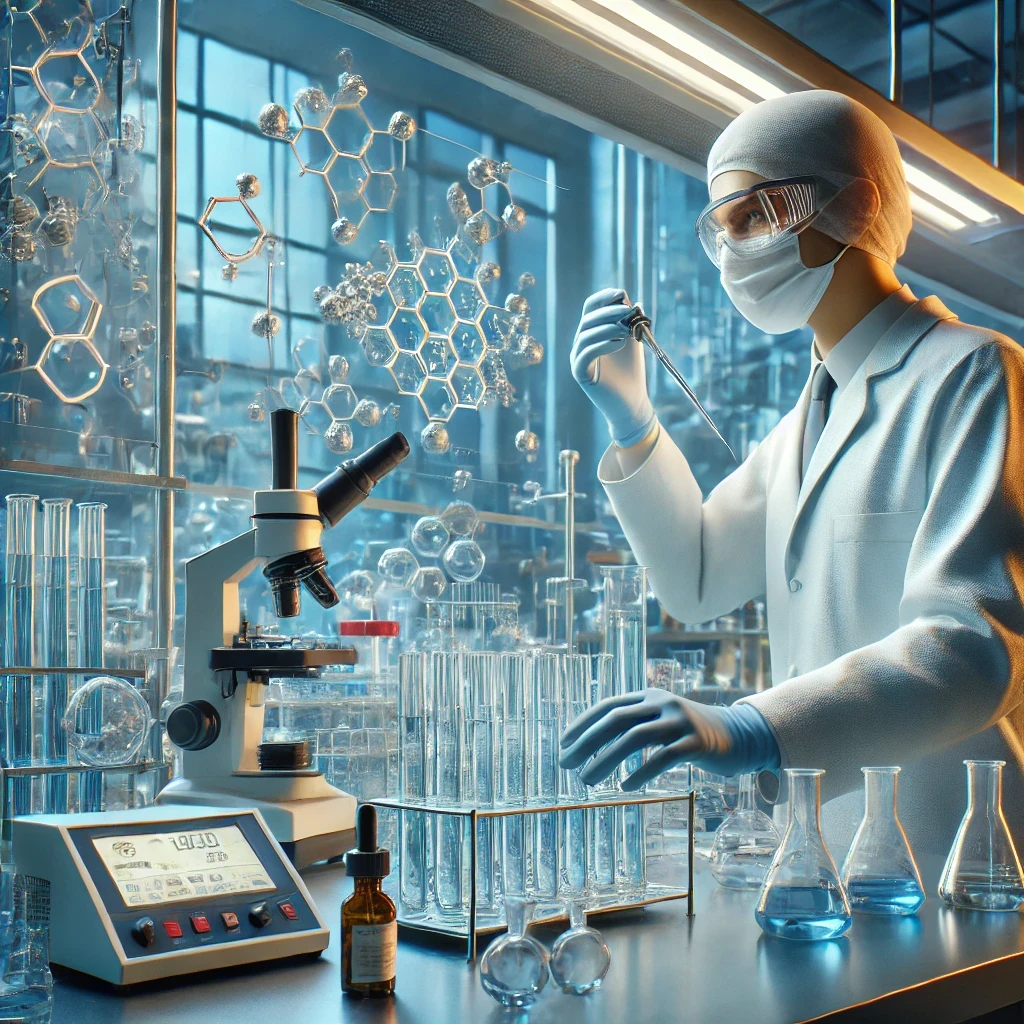 Cientista realizando a produção de creatina em laboratório, explorando diferentes tipos de creatina.
