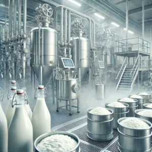 Processo de produção do Whey Protein em uma fábrica moderna, mostrando a separação do leite e filtragem do soro.