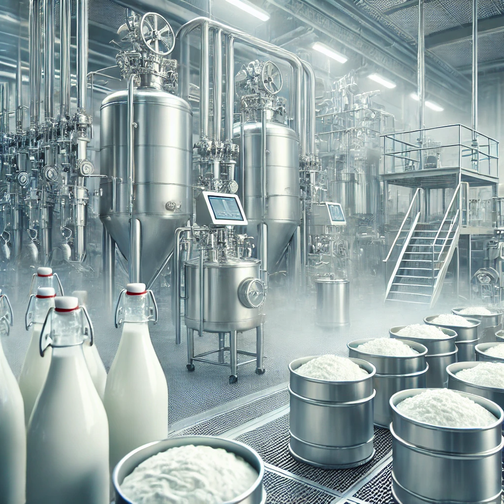 Processo de produção do Whey Protein em uma fábrica moderna, mostrando a separação do leite e filtragem do soro.
