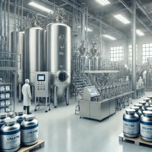 Fábrica moderna de produção de creatina, com tanques de filtragem e trabalhadores monitorando o processo de embalagem.