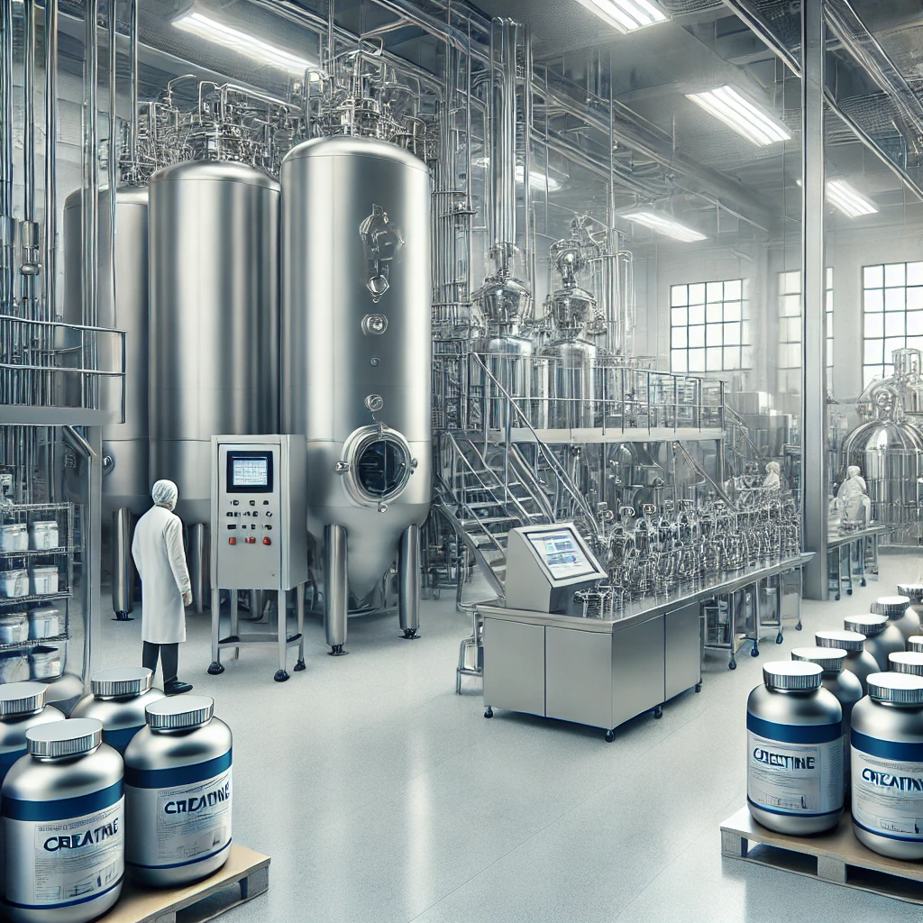 Fábrica moderna de produção de creatina, com tanques de filtragem e trabalhadores monitorando o processo de embalagem.