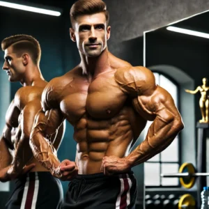 Fisiculturista posando no espelho em uma academia, exibindo músculos definidos e focado em sua preparação.