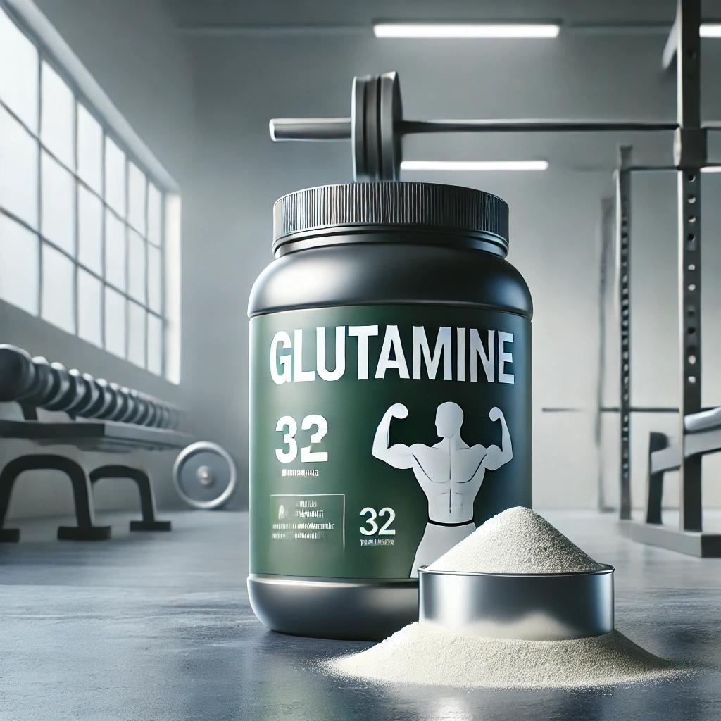 Suplemento de glutamina para recuperação muscular e suporte imunológico.