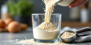 Pó de Whey Protein sendo despejado em um copo, destacando o processo de suplementação com proteína.