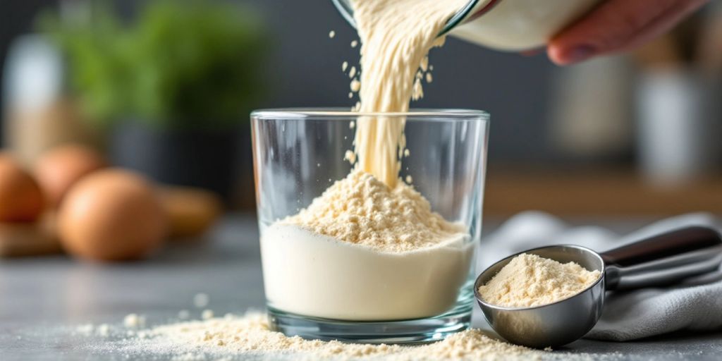 Pó de Whey Protein sendo despejado em um copo, destacando o processo de suplementação com proteína.