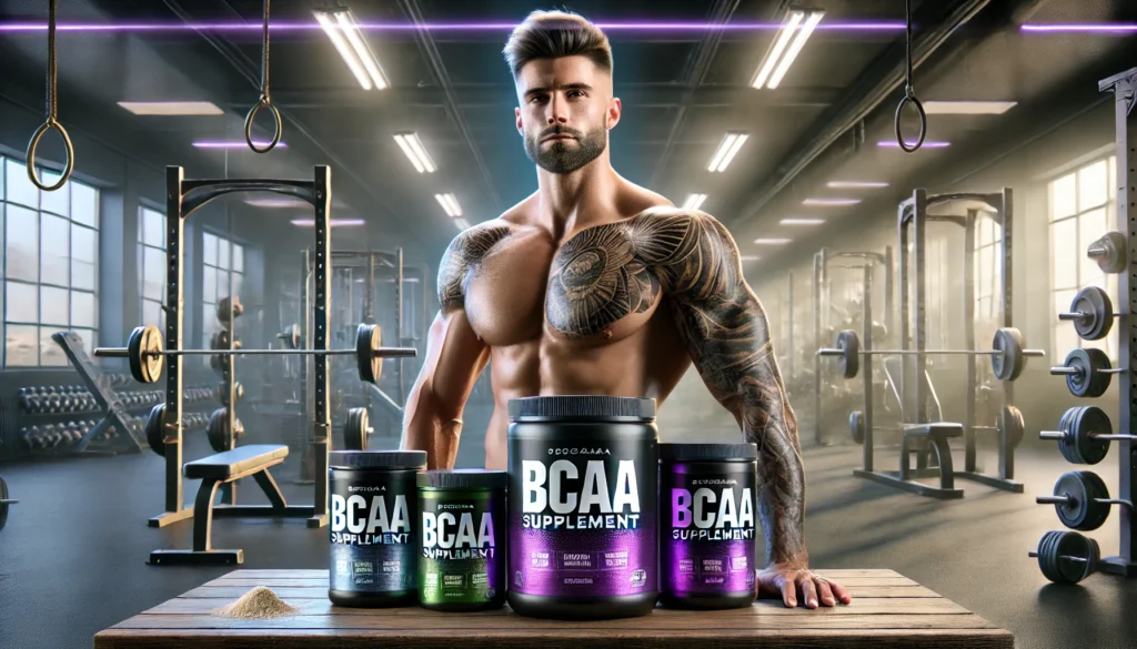 Homem musculoso com tatuagens ao lado de suplementos BCAA em uma academia.