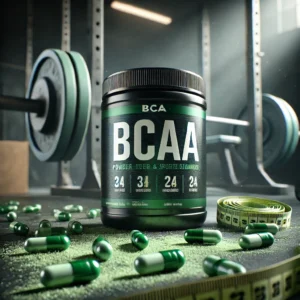 Imagem de suplemento BCAA em pó e cápsulas, com barra de peso ao fundo, destacando o ambiente de academia e suplementação esportiva.