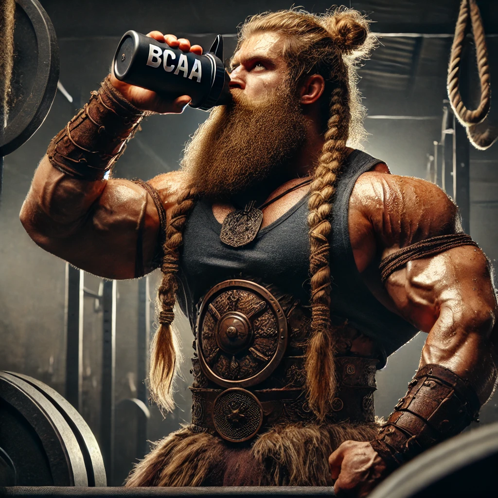 Homem estilo viking forte e musculoso tomando BCAA durante treino intenso em academia.