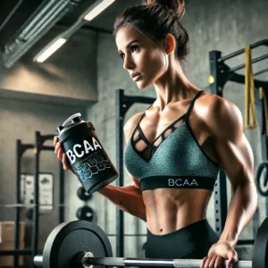 Mulher forte e definida em treino intenso com BCAA para recuperação muscular e prevenção de lesões.