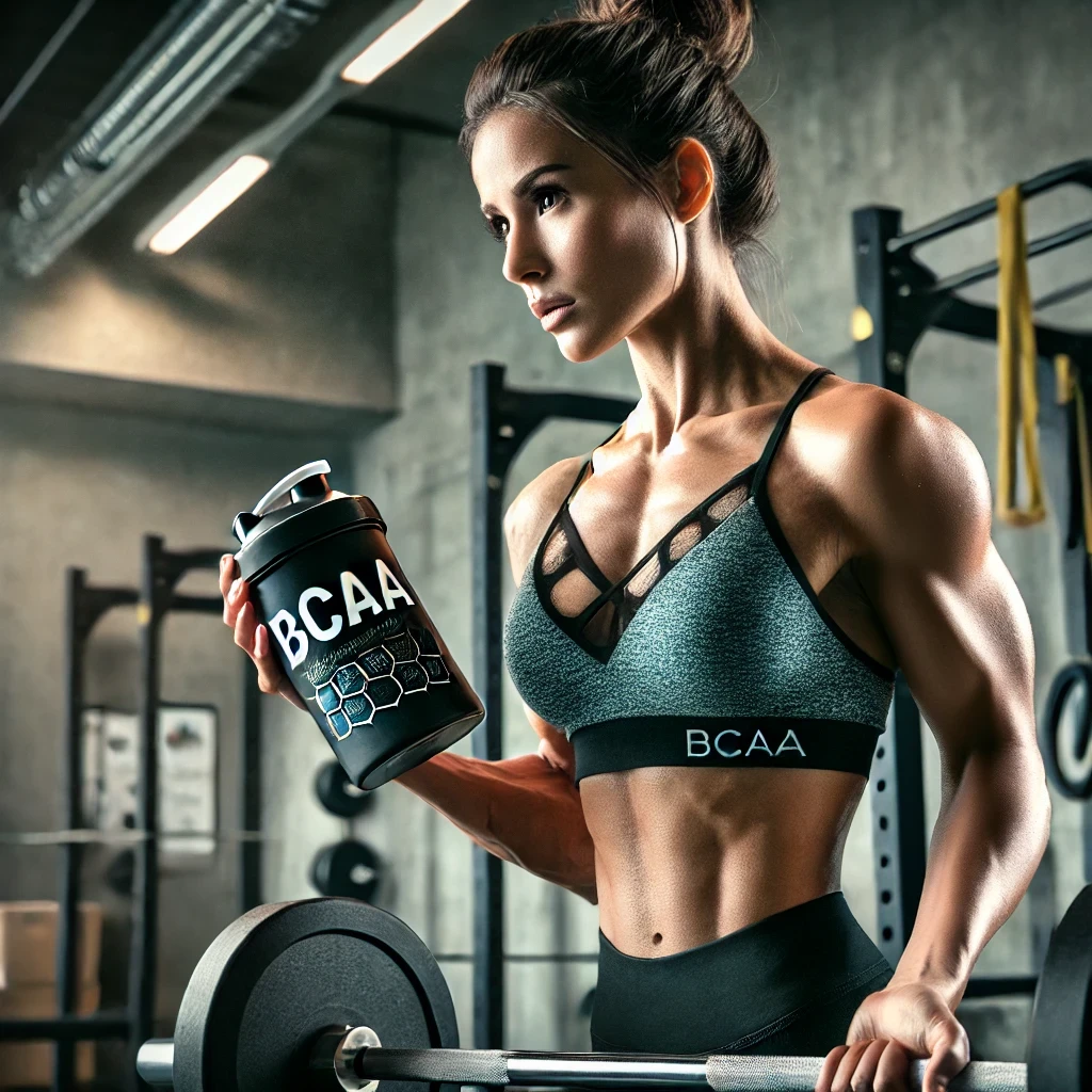 Mulher forte e definida em treino intenso com BCAA para recuperação muscular e prevenção de lesões.
